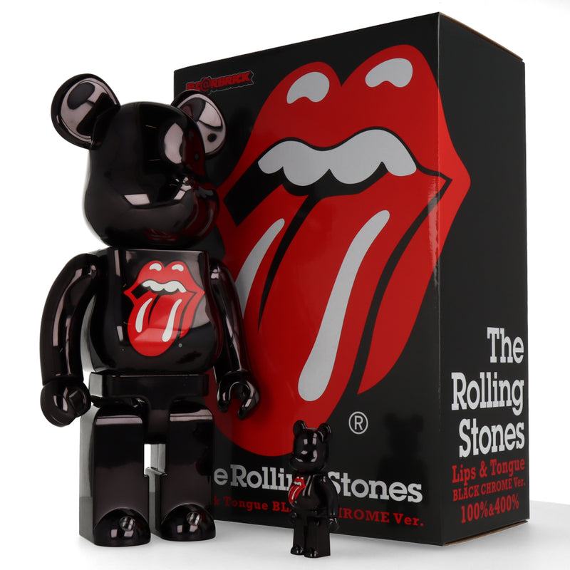 400% + 100% Bearbrick The Rolling Stones Lips & Tongue - Black Chrome Ver.